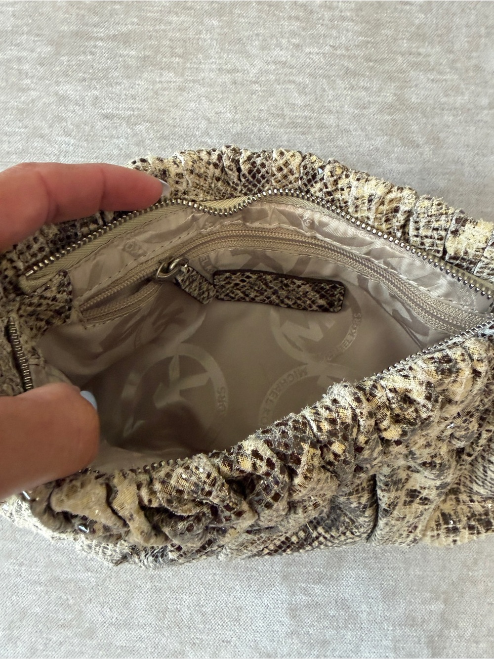 Michael Kors Ruched Snake-Print Clutch in Beige and Brown - Picture 6 of 8